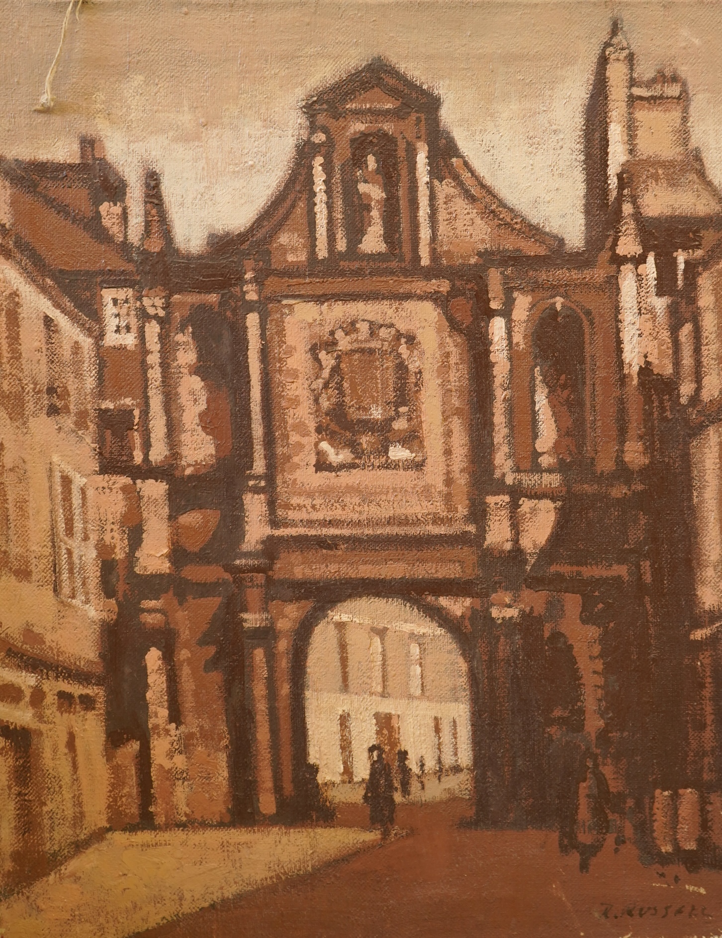 Robert Russell (1902-1982), French street scene with figures, signed, oil on canvas, unframed, 51 x 40cm